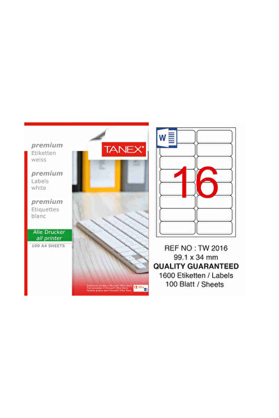 Tanex Self-Adhesive White Labels, Repositionable, 16/A4, 99.1X34Mm, 25 Sheets...