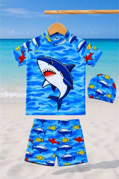 CHİCKİDSWEAR Boys' Swimwear Set – Patterned T-Shirt, Shorts and Swim Cap 3-Pi...