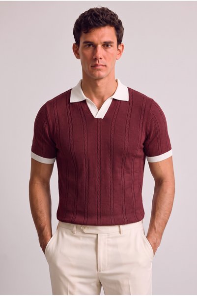 viyamen Men's Knitted Patterned Polo Collar Cotton T-Shirt - Short Sleeve