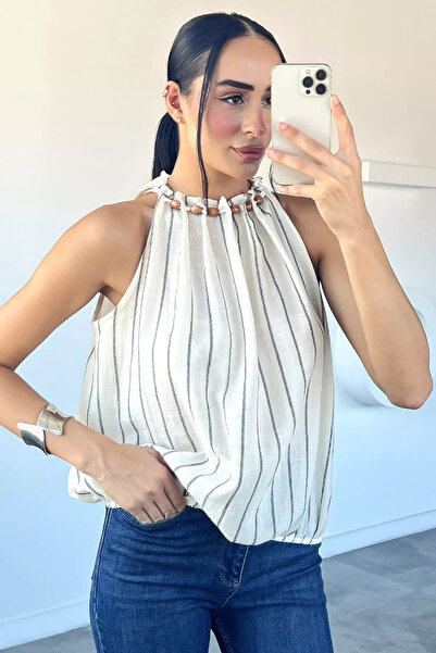 Aryena Creamy Black Striped Blouse with Beaded Collar Detail