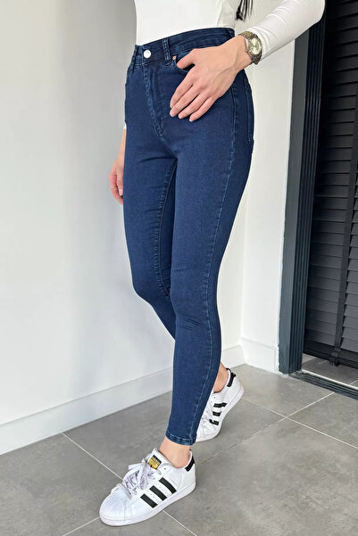 Aryena Navy Blue Women's High Waist Jean Denim Pants