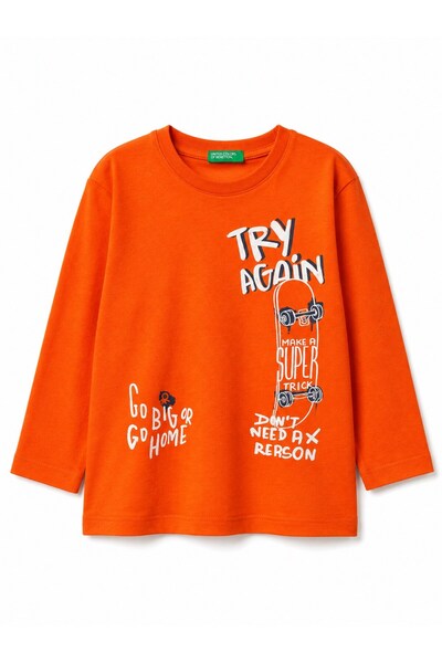 United Colors of Benetton Boy's Orange Printed Relaxed Fit Jersey Long Sleeve...