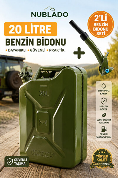 NUBLADO 20 Litre Metal Benzin Bidonu 2’li Set Sızdırmaz Kapaklı Akıtma Aparat...