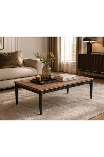 FAMİ HOME Lodos Ceviz Gold Detaylı Modern Orta Sehpa Antrasit Ahşap Salon Seh...
