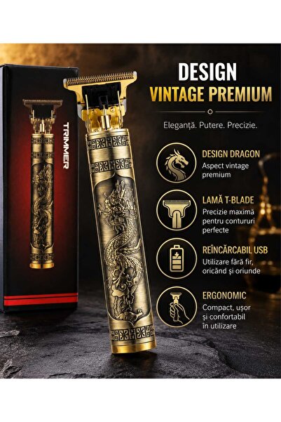 ASMXX Trimmer T9 Dragon Gold, Aparat de Tuns Barbă și Păr, T-Blade, Reîncărcabil USB, 4 Piepteni 1.5/2/3/4 mm, Design Vintage