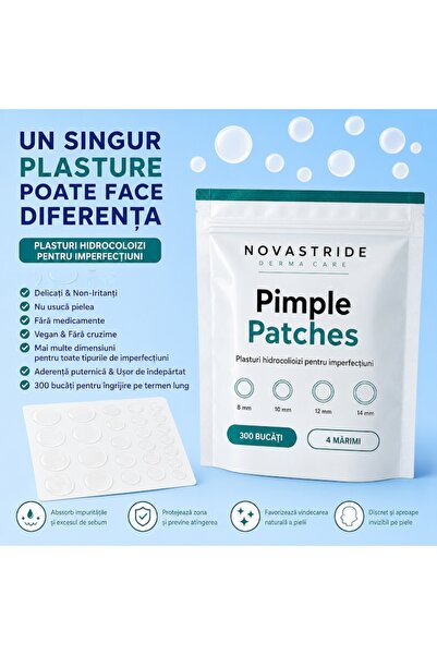Novastride 300 plasturi hidrocoloizi, anti-acnee, pentru coșuri, 4 mărimi (8/10/12/14 mm), plasturi pentru coșuri, invizibili, pentru imperfecțiuni, cu acid salicilic, îngrijire a pielii.