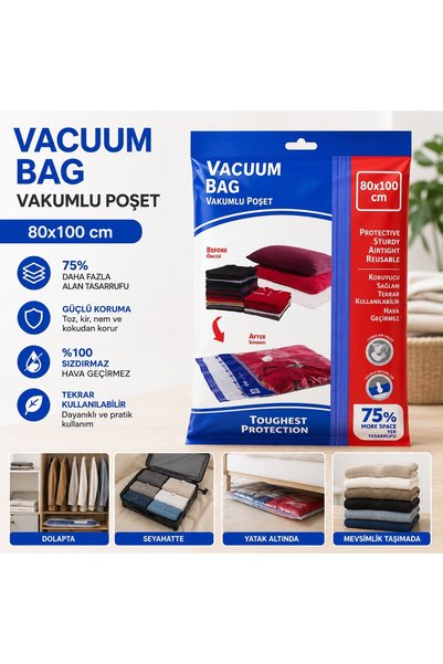KONTEF 80x100 cm Vakumlu Hurç Poşeti – Büyük Boy, Valfli, Tekrar Kullanılabilir Alan Tasarruflu Saklama Poşeti