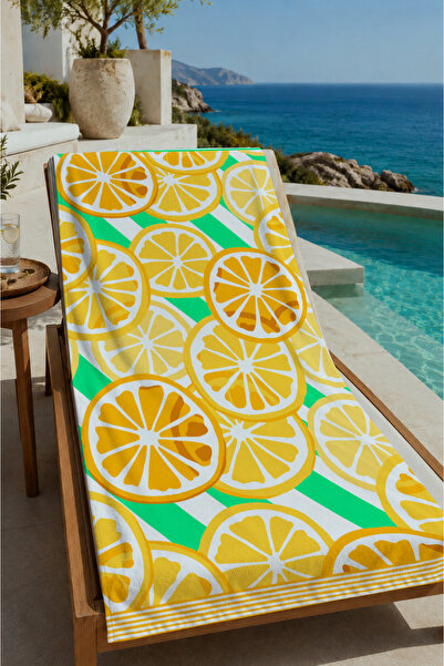 Evmila Mint Green Lemon Patterned 70X150 Beach Towel - Digital Printed Bath T...