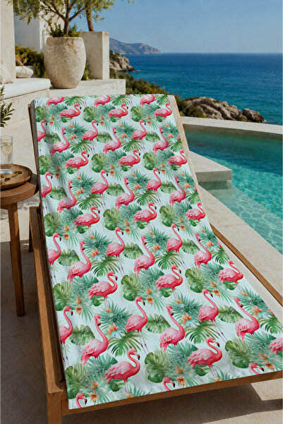 Evmila White Background Green Pink Flamingo Patterned 70X150 Beach Towel - Di...