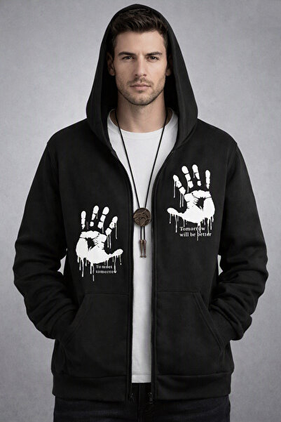 Oceanwear Handprint Design Printed Hooded Plain Black Zippered Cardigan