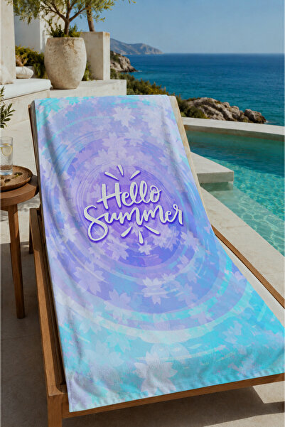 Evmila Pastel Purple Blue Batik Text Patterned 70X150 Beach Towel - Cotton Ba...