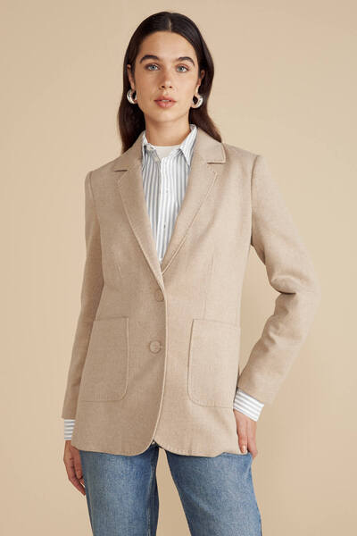 BROOKS BROTHERS Kadın Bej Kaşmir Karışımlı Mono Kapama Puntolu Blazer