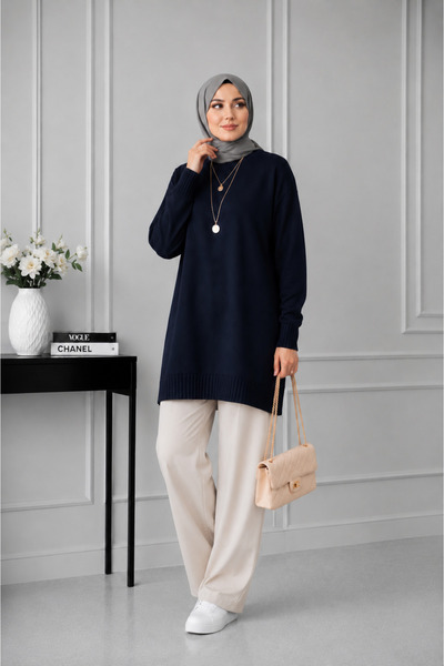 KAREL BUTİK Navy Blue Crew Neck Oversize Women's Sweater Tunic