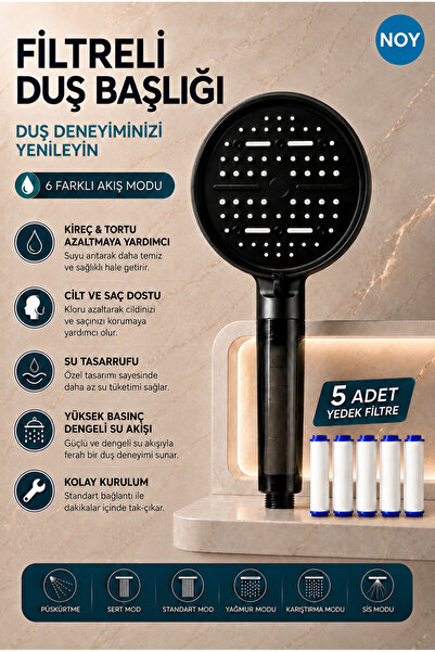 NOY Duş Başlığı Seti Filtreli Duş Başlığı 6 Fonksiyonlu 5 Yedek Filtre Hediye...