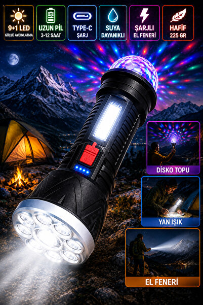 nelerbulurum Şarjlı Disko Toplu Işıldak Olabilen El feneri 9+1 LED El Feneri Type-C Şarj Girişli 5 Modlu Kamp Lambası Rgb Led Işık Işıldak El feneri