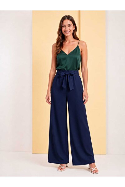 SSO Wide Leg Double Fabric Trousers with Self-Tie Detail on the Front and Ela...
