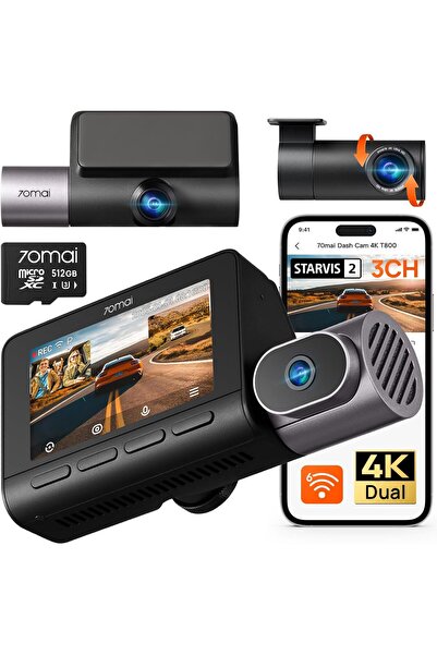 70MAİ 4K T800 3 Channel Dash Cam Front and Rear Inside 512G (2160P+2160P+1080...