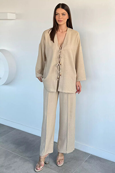 Aryena Beige Women's Front-Tie Jacket and Elastic Waist Pants Two-Piece Set