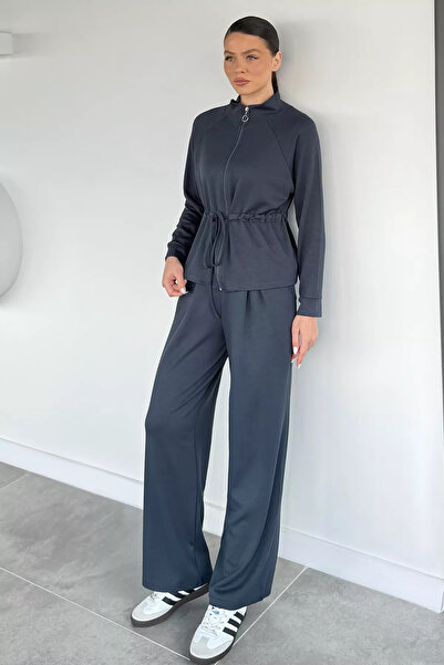 Aryena Smoked Women's Waist Drawstring Belted Sweat Pants Double Set
