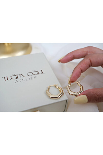 ATELİER TUĞBA Kp666 Geometric Octagonal Gold Hoop Earrings (Inner Diameter 15...