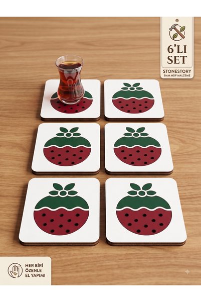 stonestory Set of 6 Strawberry Patterned Mdf Coasters – Handmade