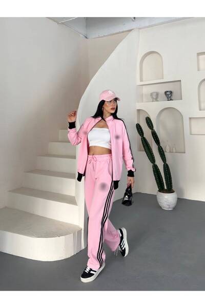 mylunessa Pink Zip-Front Striped Long Sleeve Tracksuit Set