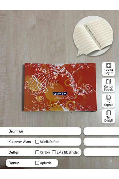 Gıpta Tel Dikişli Karton Kapak 40 Yaprak 17x24 Müzik Defteri
