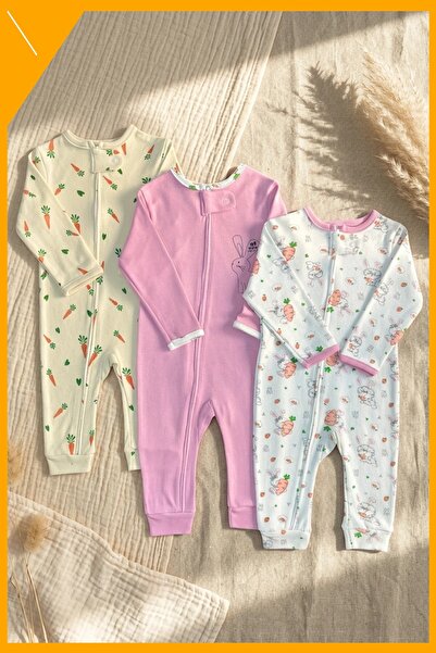 Generic Brand Baby Rompers Set of 3, 100% Cotton, Zippered, Rabbit Carrot Pat...