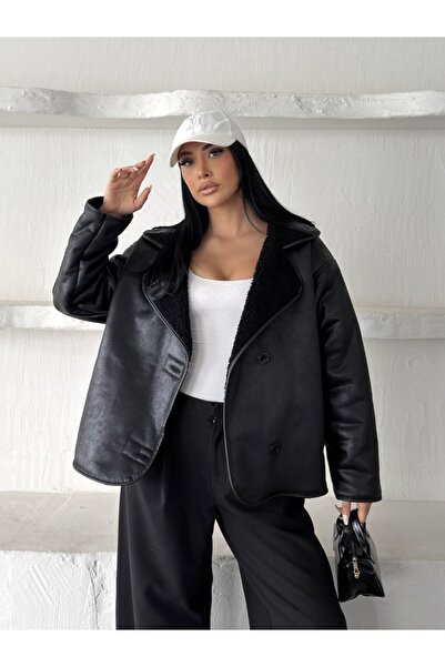 Bonne Maison Else Siyah Dokulu Süet Içi Peluşlu Oversize Zr Model Mont