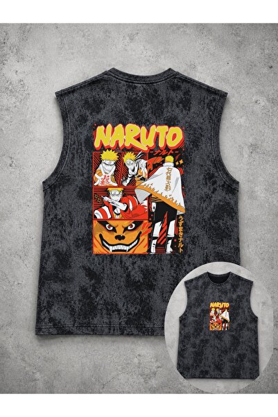 classy moda Unisex Black Washed Sleeveless Tank Top with Anime Print on the Back