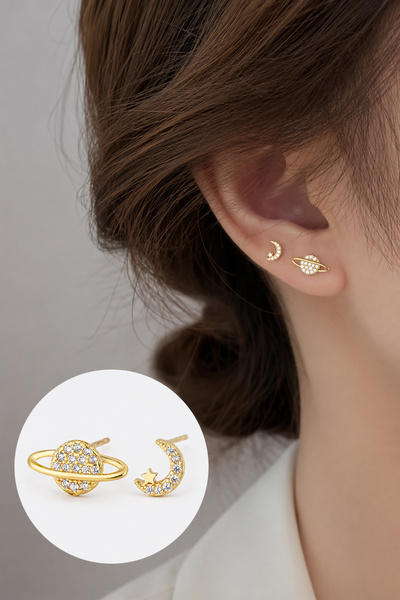 TREND COLLECTİON أقراط نسائية ذهبية بتصميم القمر والنجمة والكوكب مع أحجار صغيرة