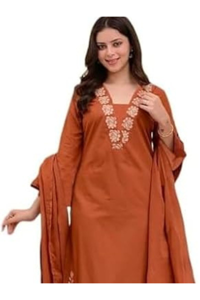 MYSMAR Rust Orange Embroidered Kurta Palazzo Dupatta Set - ALV2113| Rust Oran...