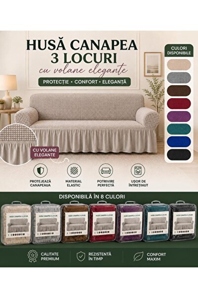 RMR textile Husă Canapea 3 Locuri cu Volane Elegante, Material Elastic, Prote...