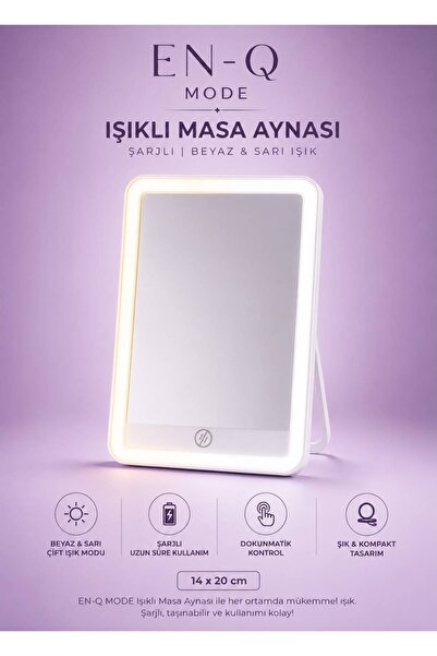 ENQ Işıklı Masa Aynası Şarjlı LED Makyaj Aynası Beyaz & Sarı Işık 14x20 cm