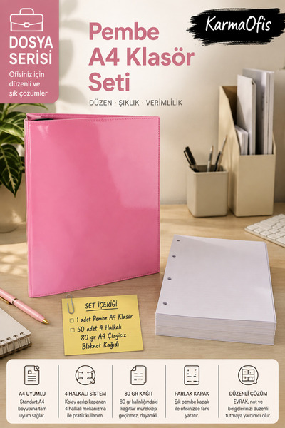 KarmaOfis A4 4-Ring Pink Folder Set 50 Sheets 80 Gr Unlined Notepad Paper