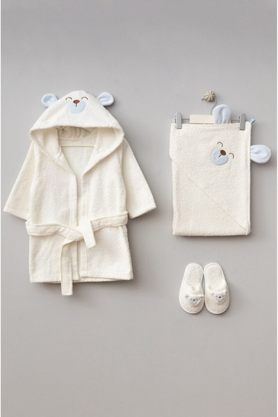 Bebitof Hooded Embroidered Baby Bathrobe Set (Bathrobe + Towel + Slippers)