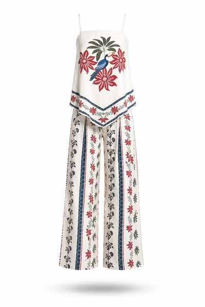 5in1Canpolat Ecru Patterned Blouse Trouser Set 9005
