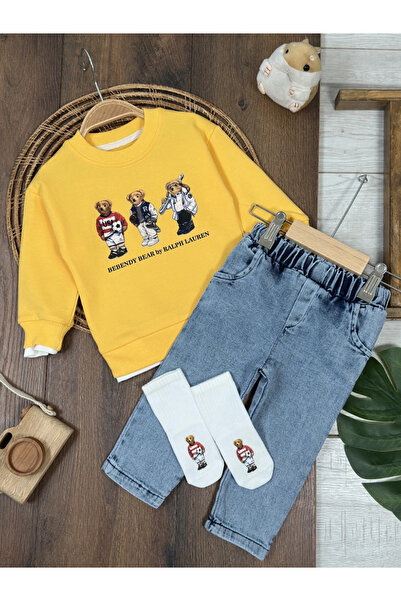 Bolly Baby Teddy Bear Printed Sweatshirt, Lycra Jeans with Socks, 3-Piece Bab...