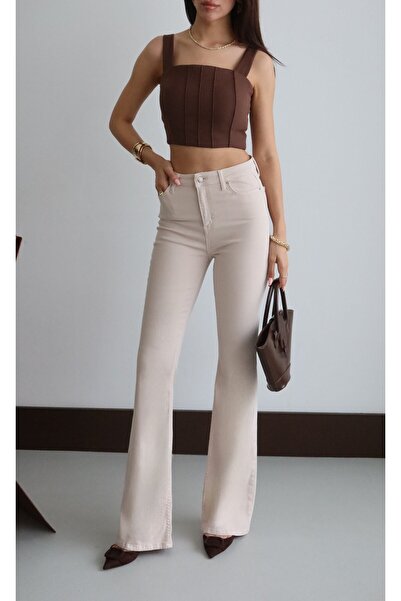 Moda Days Women's Beige High Waist Half Spanish Leg 5-Pocket Jean Trousers