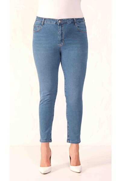 Moda Days Pantaloni de damă BLUE, mărime mare, cu talie înaltă, cu picior îng...