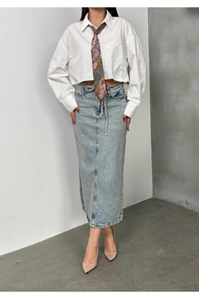 Moda Days Fusta midi din denim BLUE TINT pentru femei, cu talie înaltă, croia...