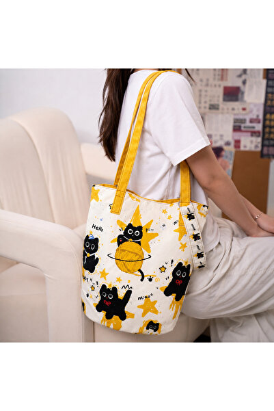 Street Bag حقيبة كتف وحقيبة يد بتصميم قطة سوداء لطيفة على الطراز الكوري