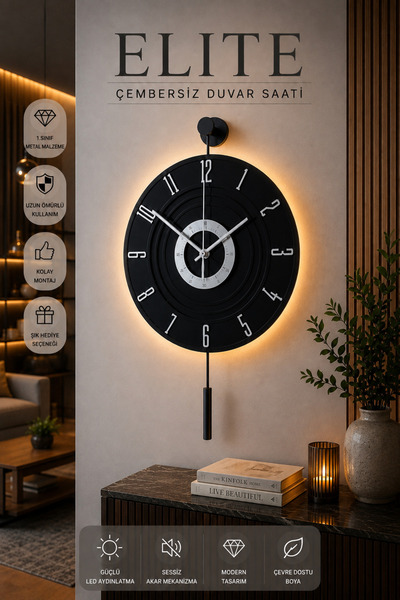MetaQuartz Aksesuar Full Siyah - Gümüş Rakam - Kardelen 7-24 ( Kablosuz Pilli Led ) Modern Dekoratif Duvar Saati
