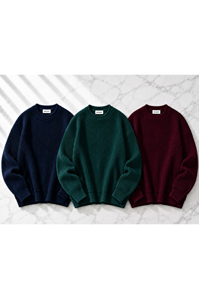 DepoExport Women's 3-Piece Crew Neck Oversize Knitwear Sweater Soft Knitted S...