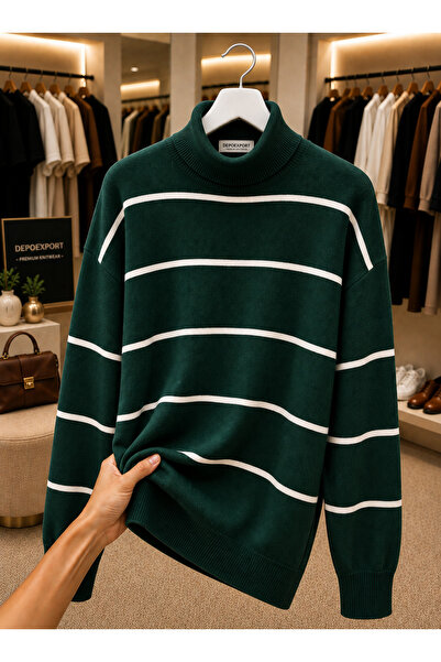 DepoExport Women's Half-Throat Striped Knitwear Sweater Oversize Loose Design