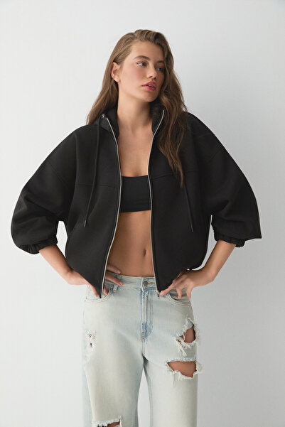 ETHIQUET VALIT Kadın Çift Cepli Eteği Ve Kol Ucu Lastikli Fermuarlı Oversize Siyah Sweatshirt
