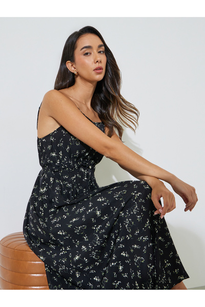Styli Multi-Color Floral Print Strappy A-Line Midi Dress
