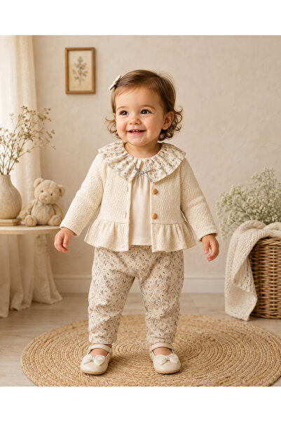 Alvadonna Knitwear Cardigan Baby Collar Blouse Floral Trousers 3-Piece Baby G...