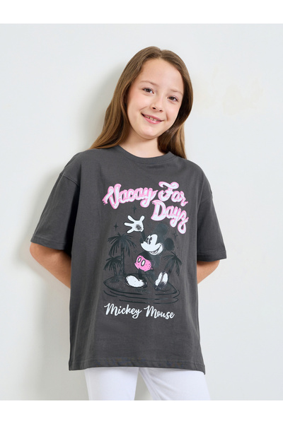 Styli Teen Girls Grey Mickey Mouse Print Cotton Oversized T-Shirt