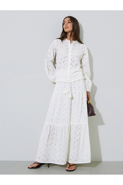 Styli Off-White Eyelet A-Line Maxi Skirt
